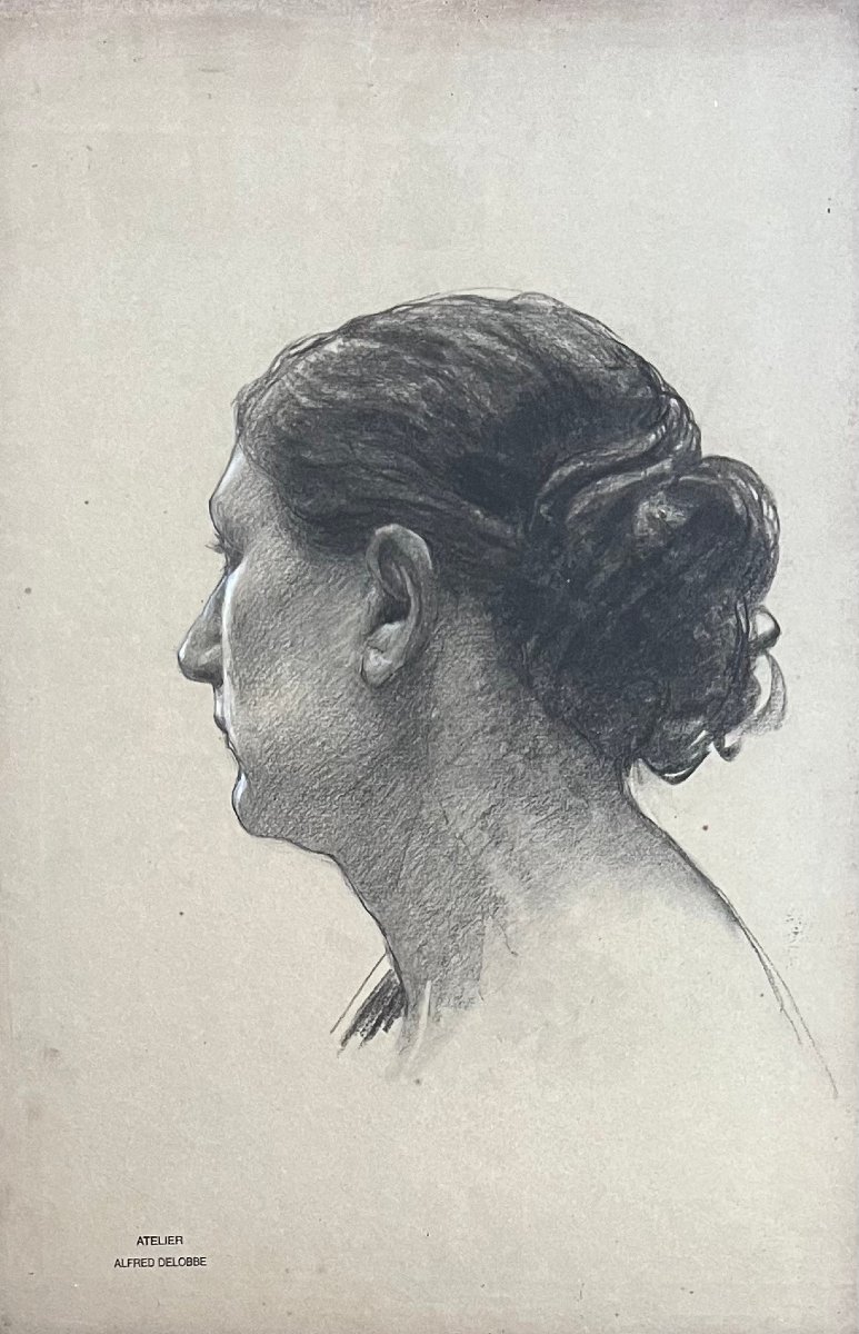 François Alfred DELOBBE (1835-1920) Etude Femme de Profil, Crayon noir et réhaut de blanc-photo-2