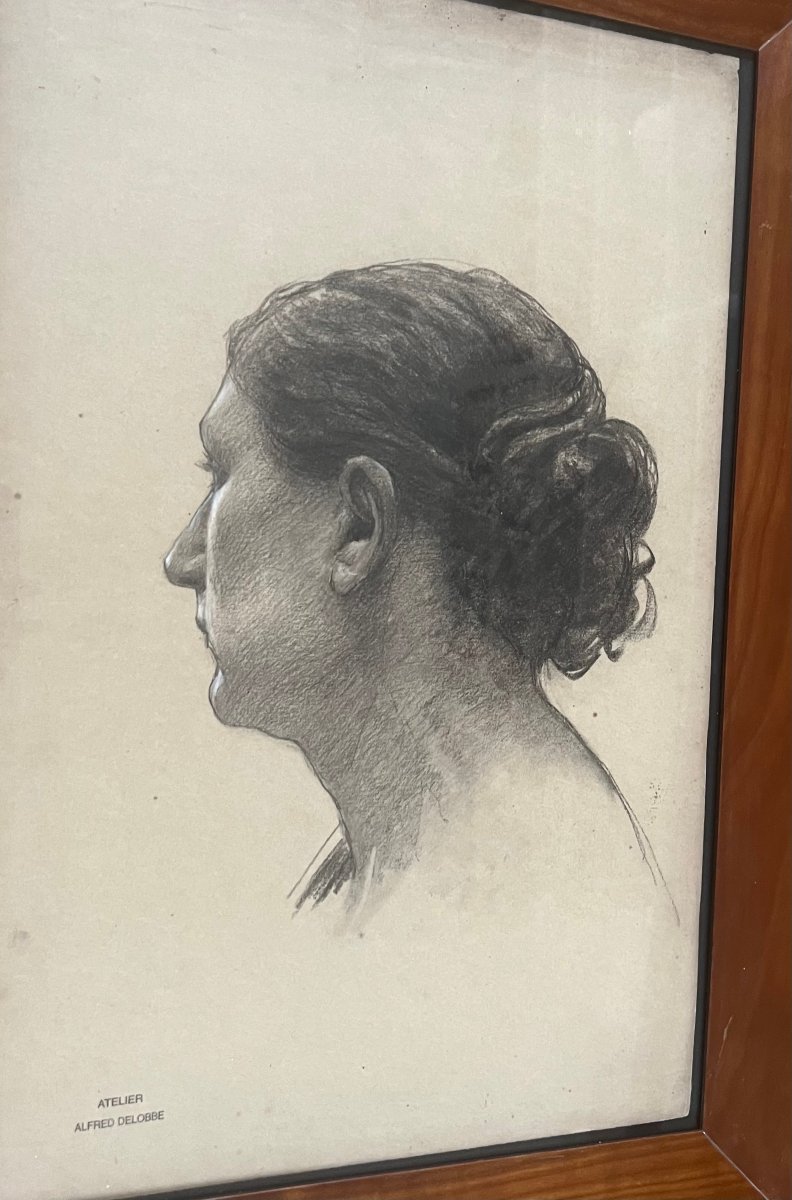François Alfred DELOBBE (1835-1920) Etude Femme de Profil, Crayon noir et réhaut de blanc-photo-4