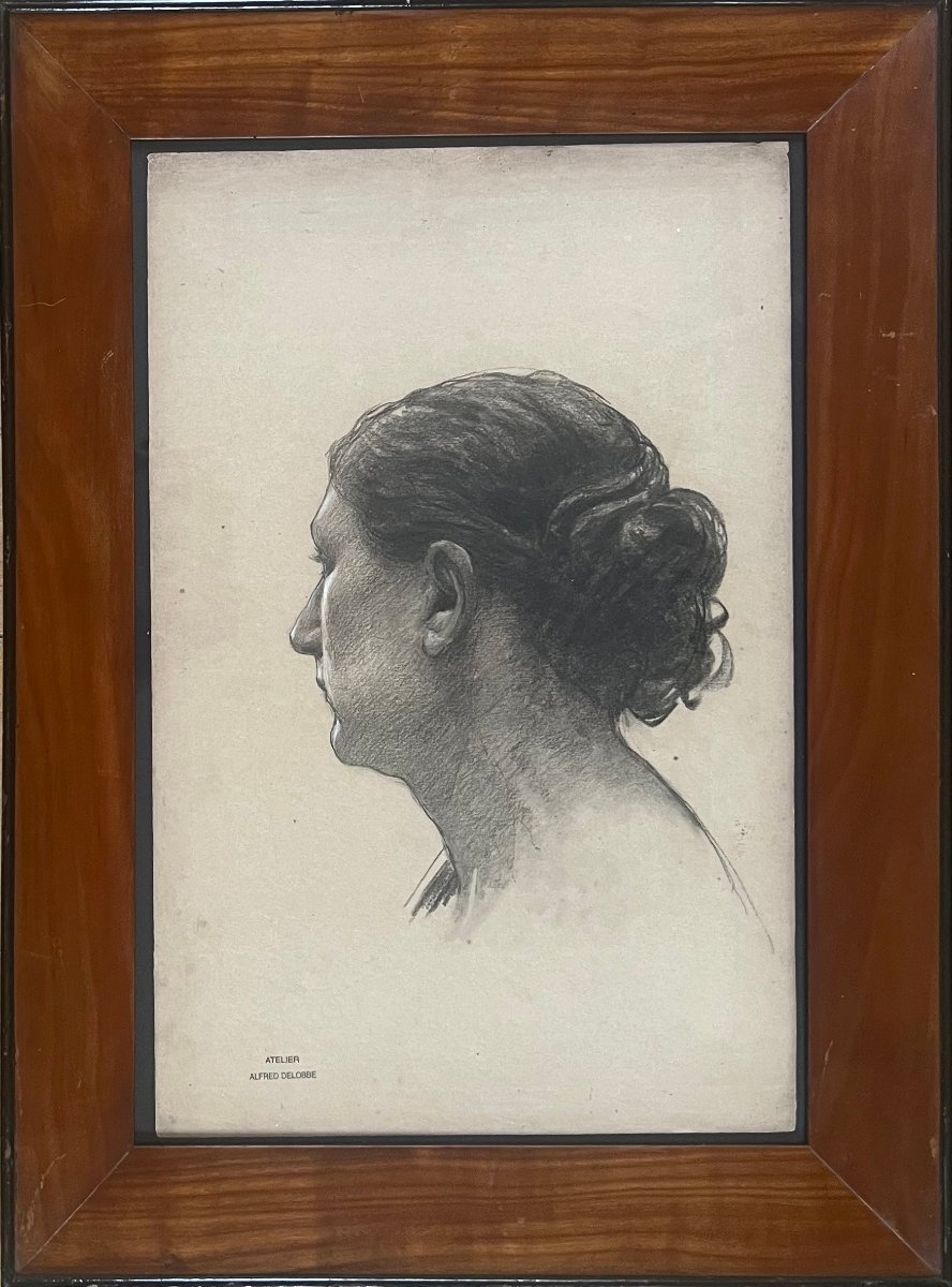 François Alfred DELOBBE (1835-1920) Etude Femme de Profil, Crayon noir et réhaut de blanc