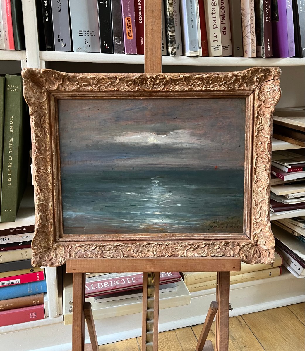 Gustave-Henri COLIN (1828-1910) Phare de Biartiz au Clair de Lune, Huile sur panneau, Signé-photo-3