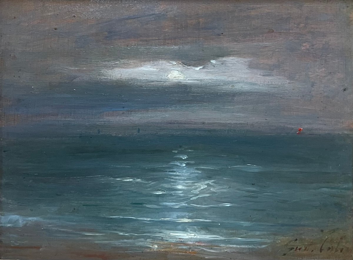 Gustave-Henri COLIN (1828-1910) Phare de Biartiz au Clair de Lune, Huile sur panneau, Signé-photo-2
