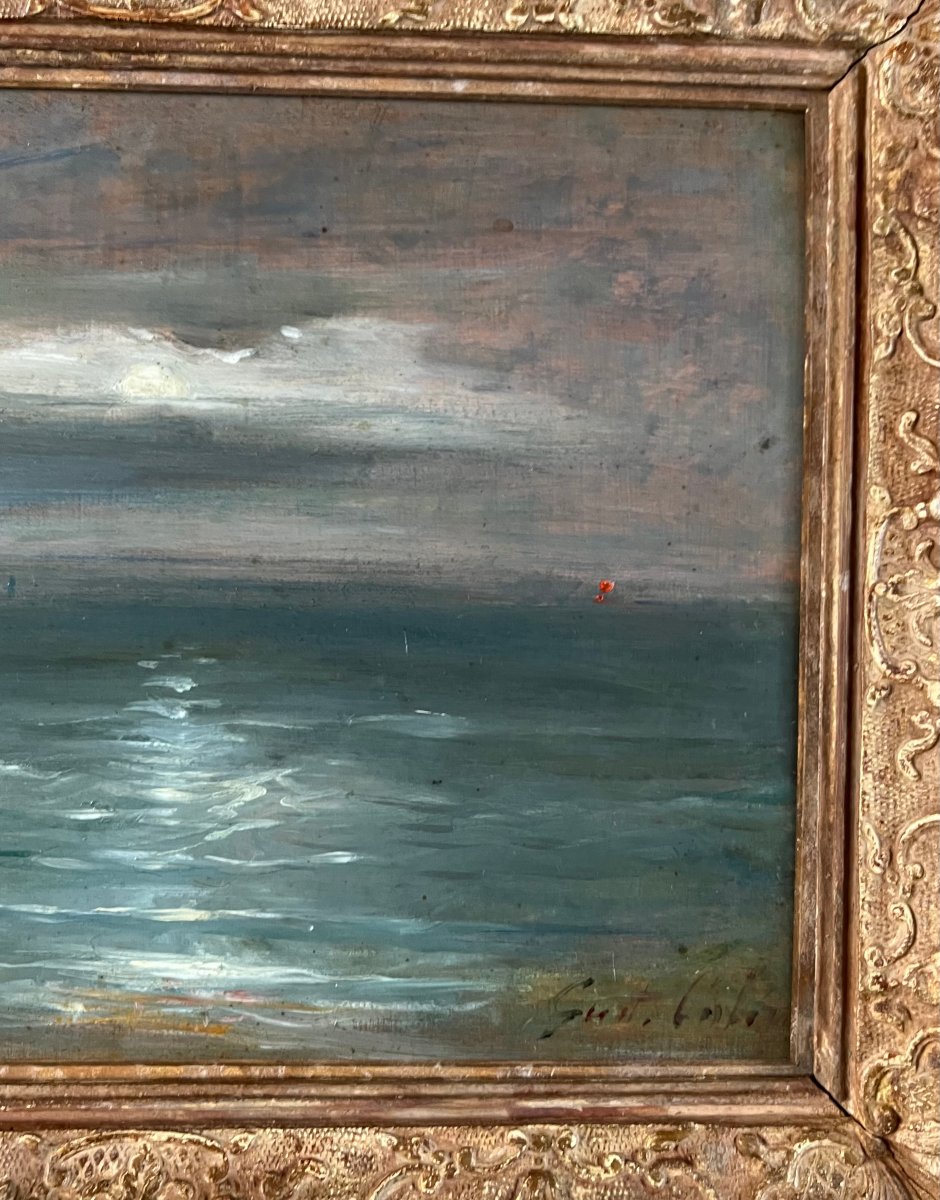 Gustave-Henri COLIN (1828-1910) Phare de Biartiz au Clair de Lune, Huile sur panneau, Signé-photo-4