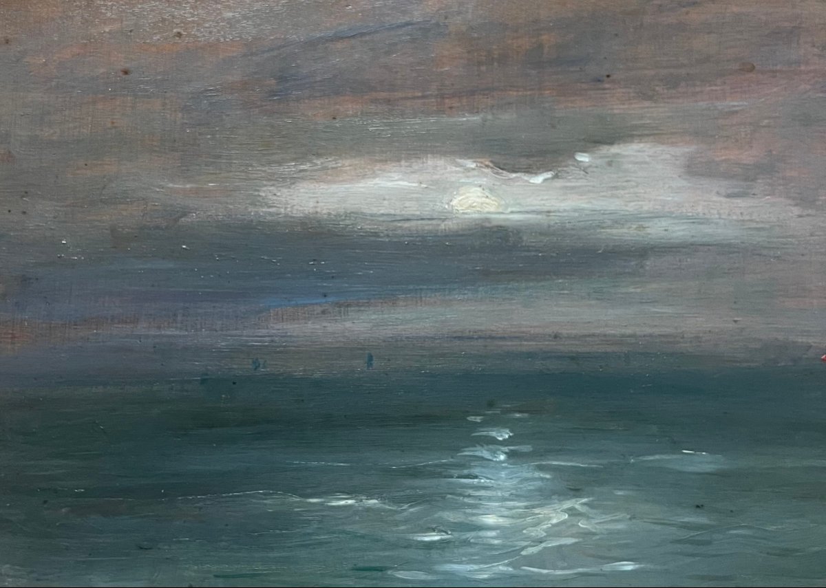 Gustave-Henri COLIN (1828-1910) Phare de Biartiz au Clair de Lune, Huile sur panneau, Signé-photo-5