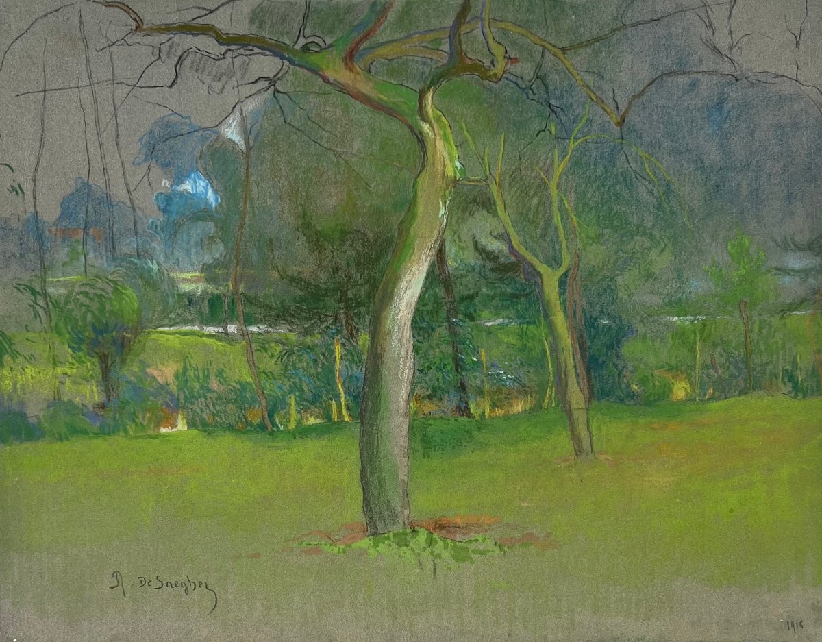 Rodolphe de SAEGHER (1871-1941) Paysage des environs de Gand, Pastel sur papier, Signé, 1915-photo-2