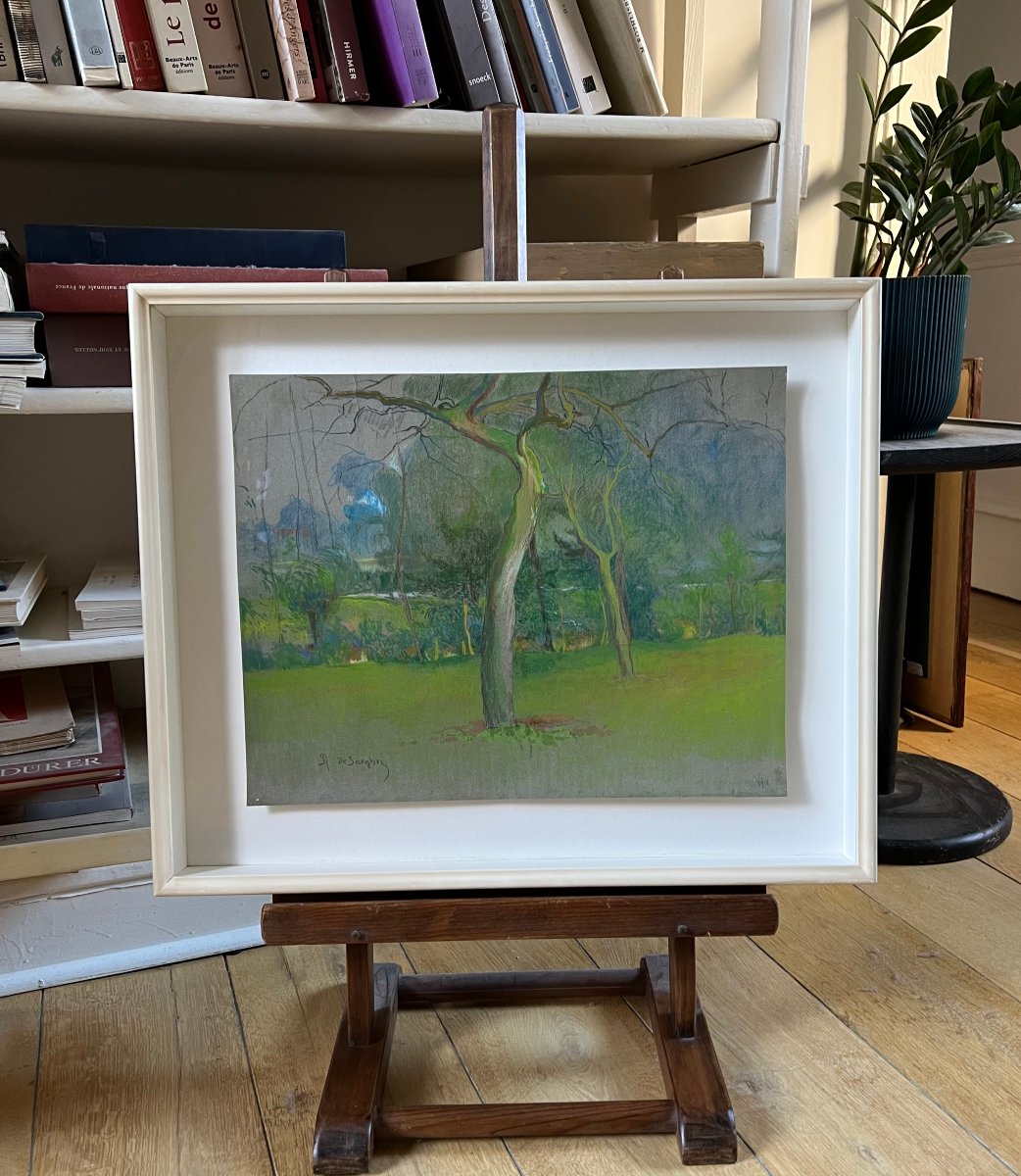 Rodolphe de SAEGHER (1871-1941) Paysage des environs de Gand, Pastel sur papier, Signé, 1915-photo-3