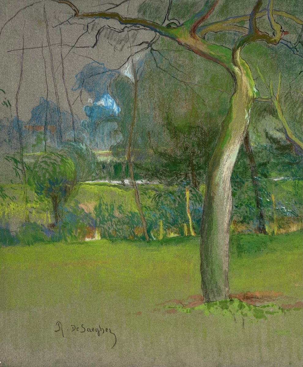 Rodolphe de SAEGHER (1871-1941) Paysage des environs de Gand, Pastel sur papier, Signé, 1915-photo-1