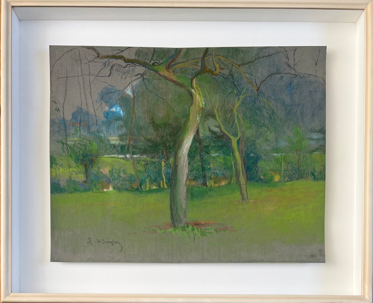 Rodolphe de SAEGHER (1871-1941) Paysage des environs de Gand, Pastel sur papier, Signé, 1915