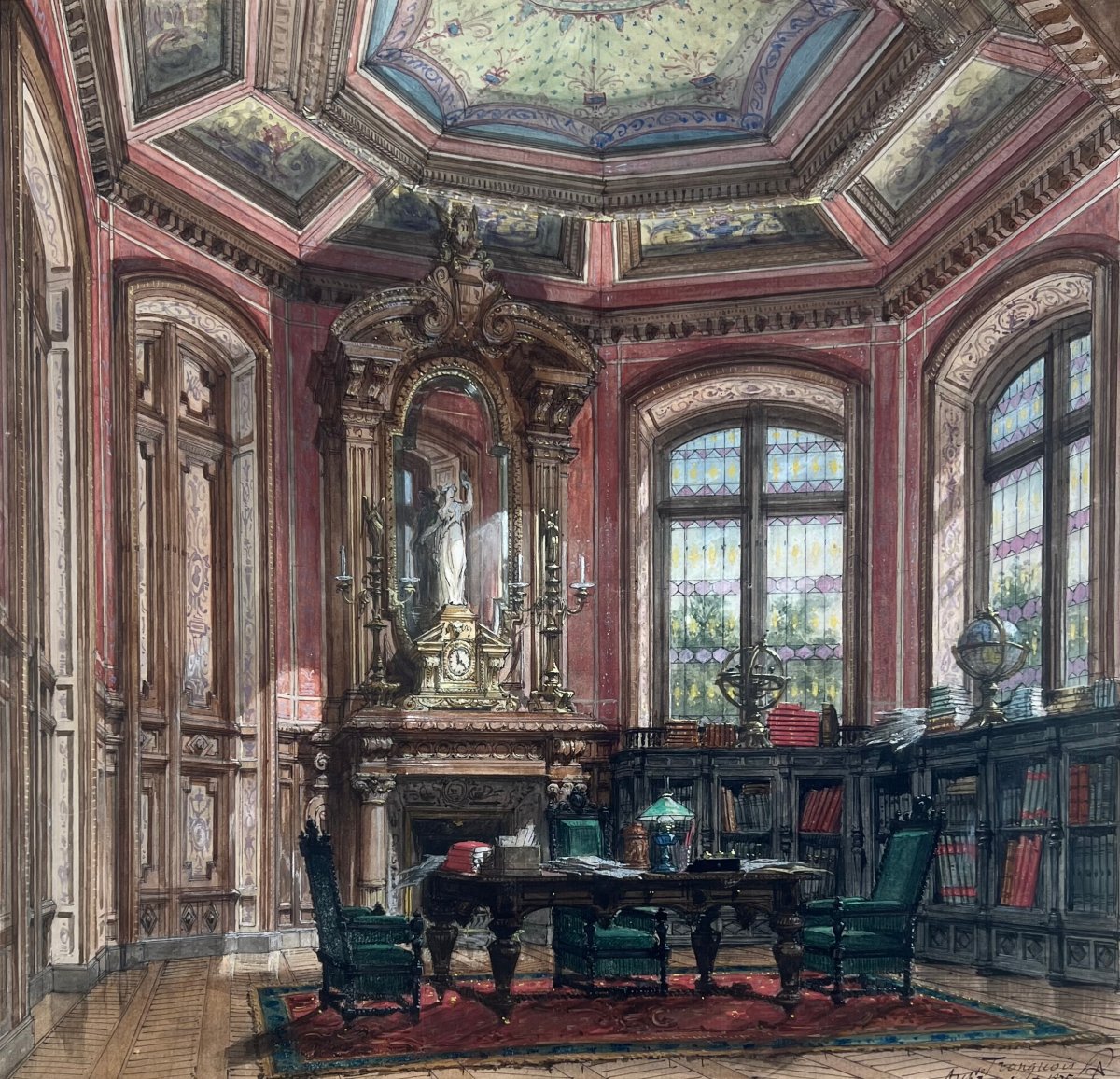 Auguste TRONQUOIS (1829-1884) Interieur d'un hôtel particulier, Aquarelle, gouache, signée,1875-photo-2