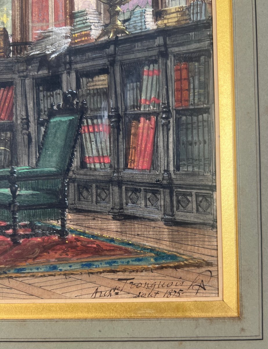 Auguste TRONQUOIS (1829-1884) Interieur d'un hôtel particulier, Aquarelle, gouache, signée,1875-photo-3