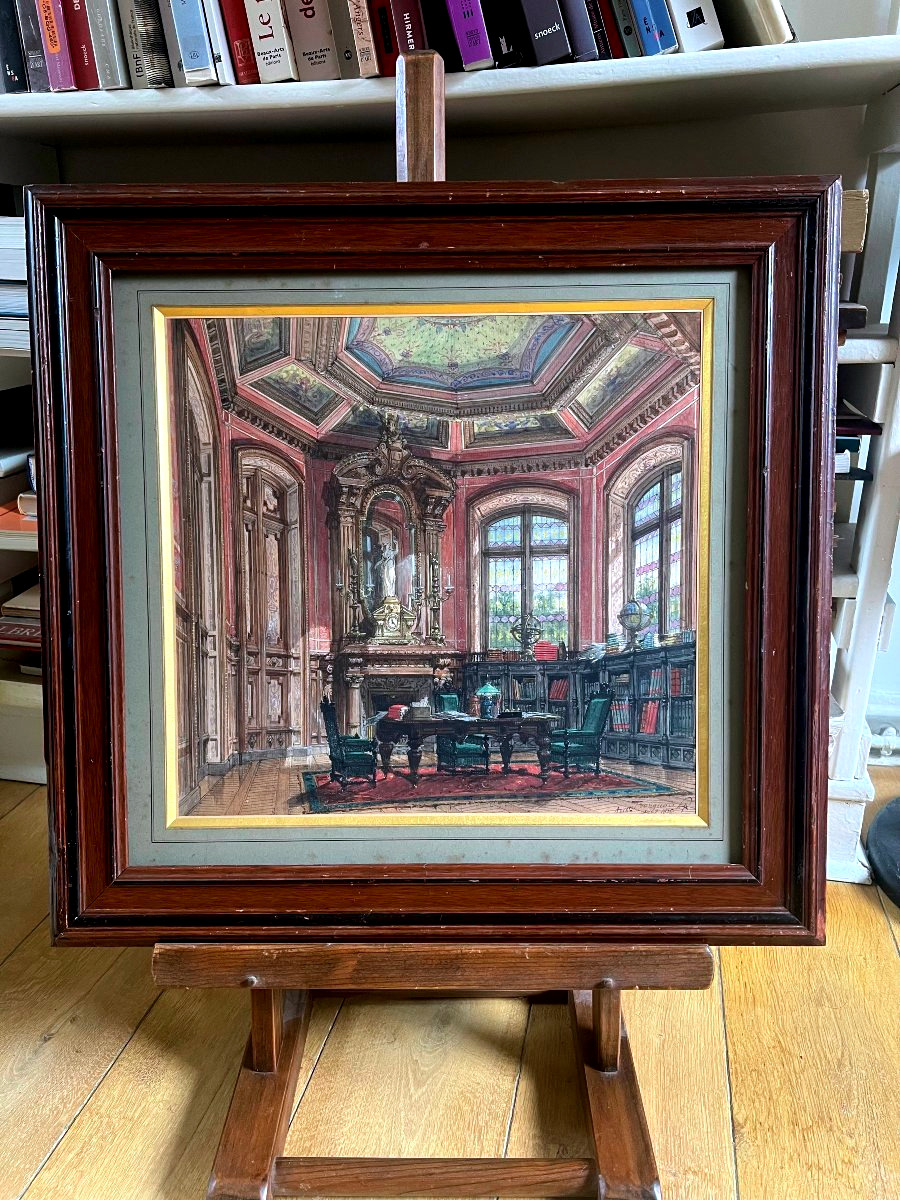 Auguste Tronquois (1829–1884) Interior Of A Mansion, Watercolor And Gouache, Signed, 1875-photo-4