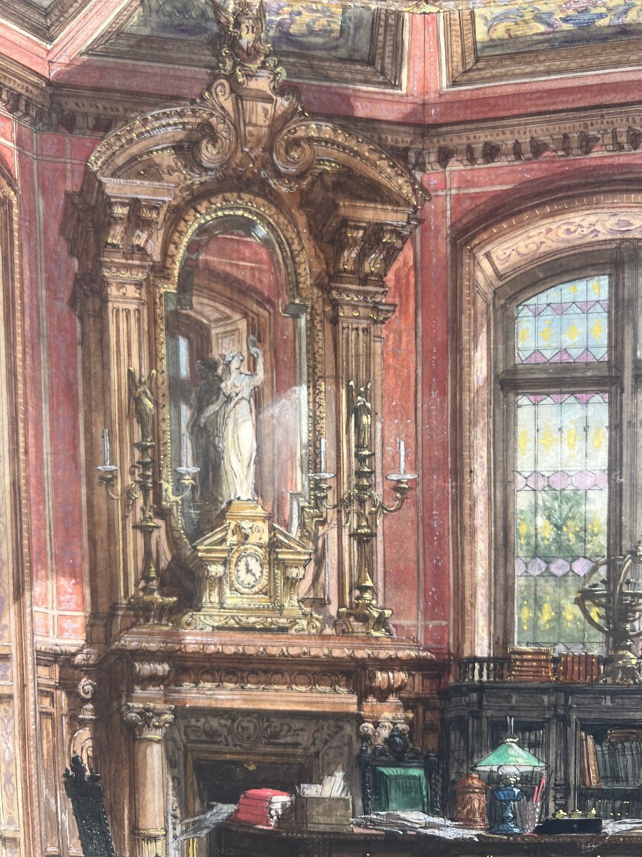 Auguste TRONQUOIS (1829-1884) Interieur d'un hôtel particulier, Aquarelle, gouache, signée,1875-photo-3