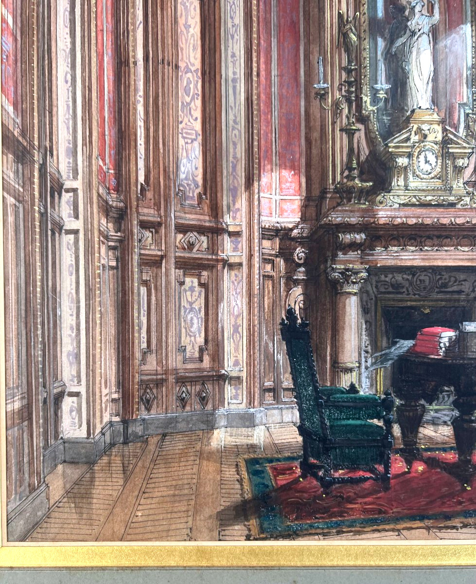 Auguste TRONQUOIS (1829-1884) Interieur d'un hôtel particulier, Aquarelle, gouache, signée,1875-photo-1
