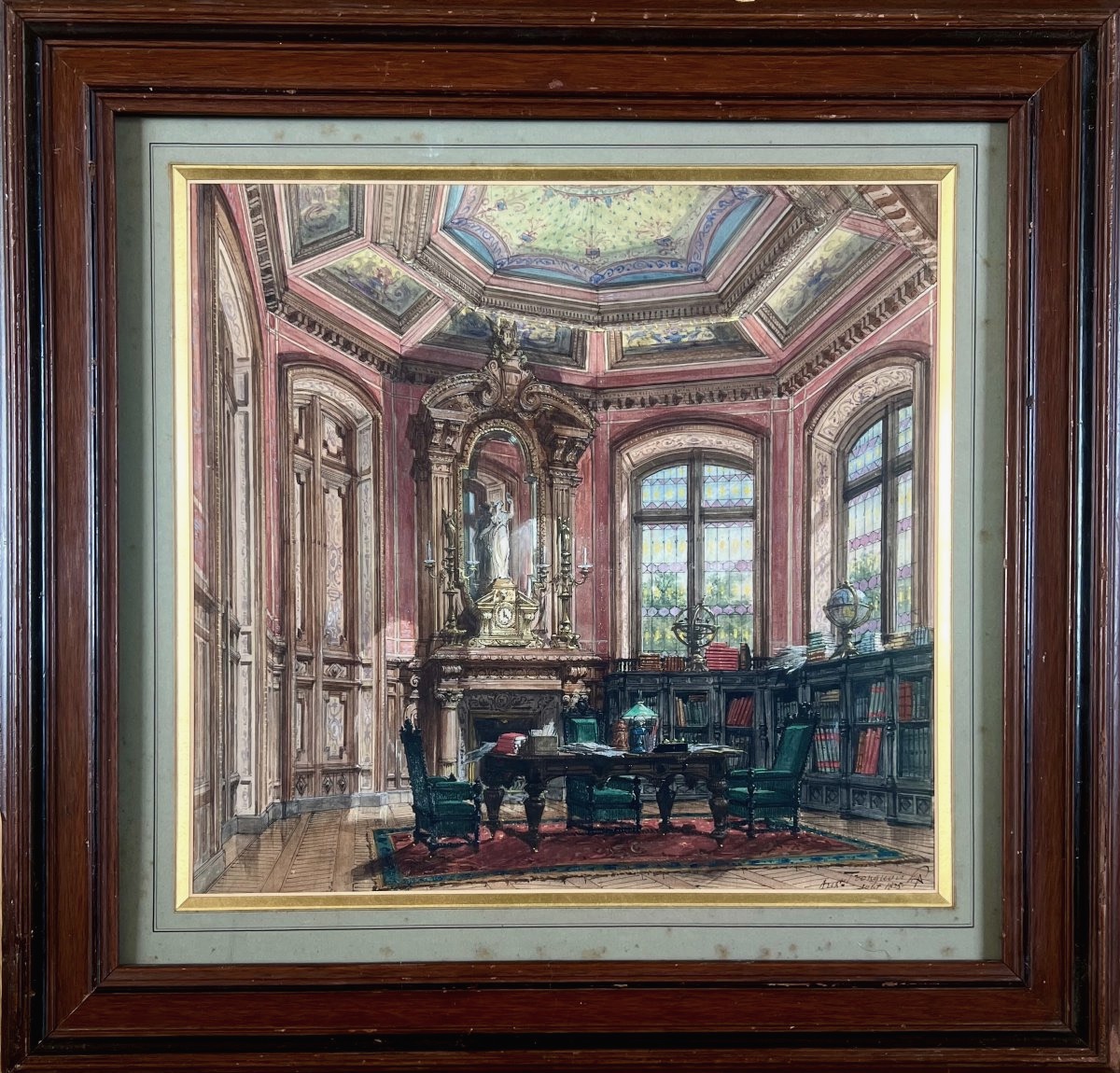 Auguste TRONQUOIS (1829-1884) Interieur d'un hôtel particulier, Aquarelle, gouache, signée,1875