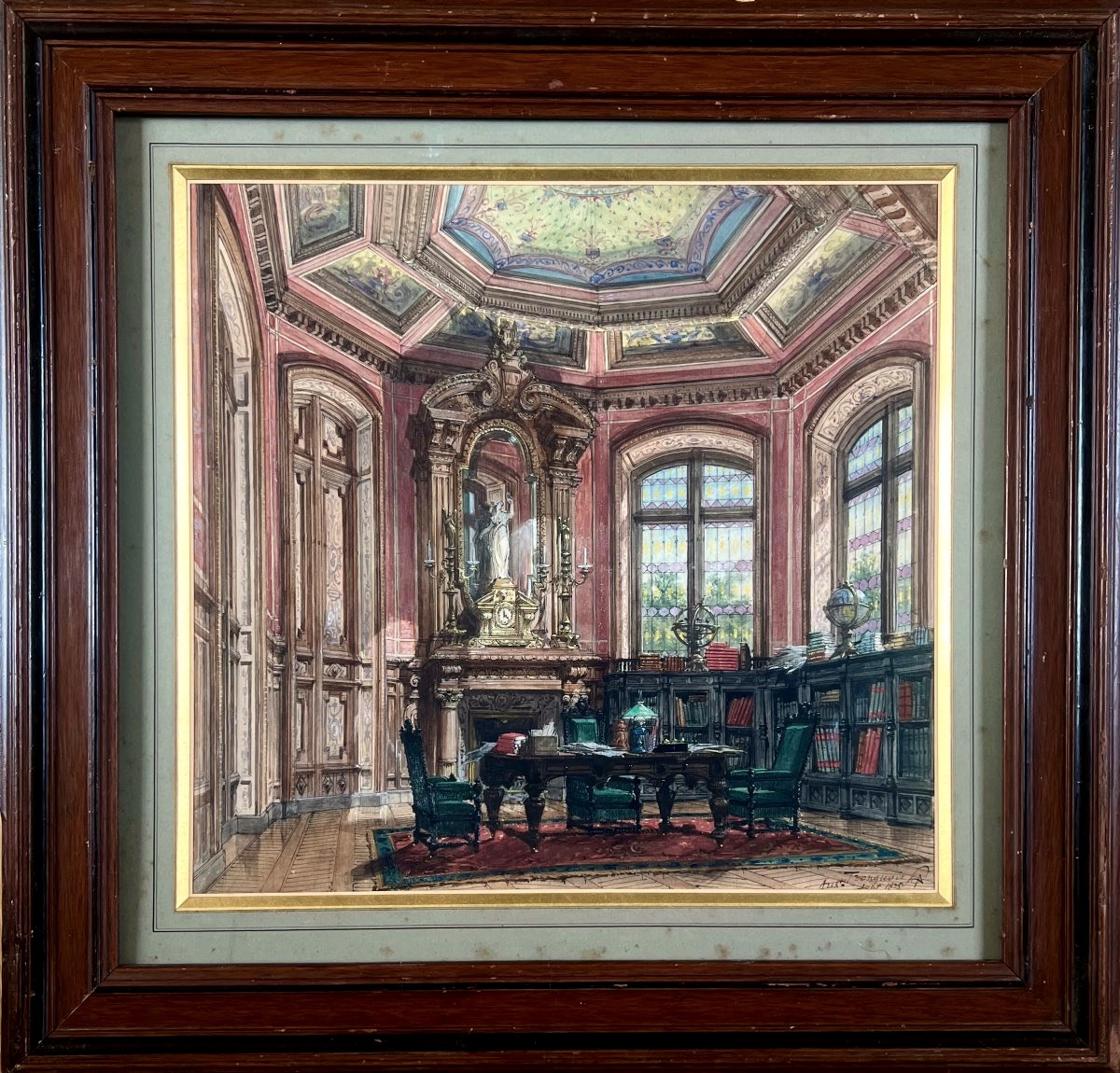 Auguste Tronquois (1829–1884) Interior Of A Mansion, Watercolor And Gouache, Signed, 1875