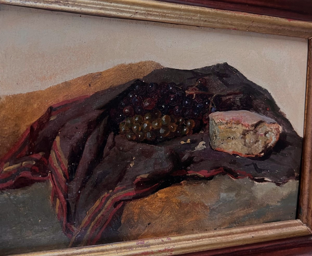 19th-century Italian School, Still Life With Bread And Grapes, Oil On Cardboard -photo-3