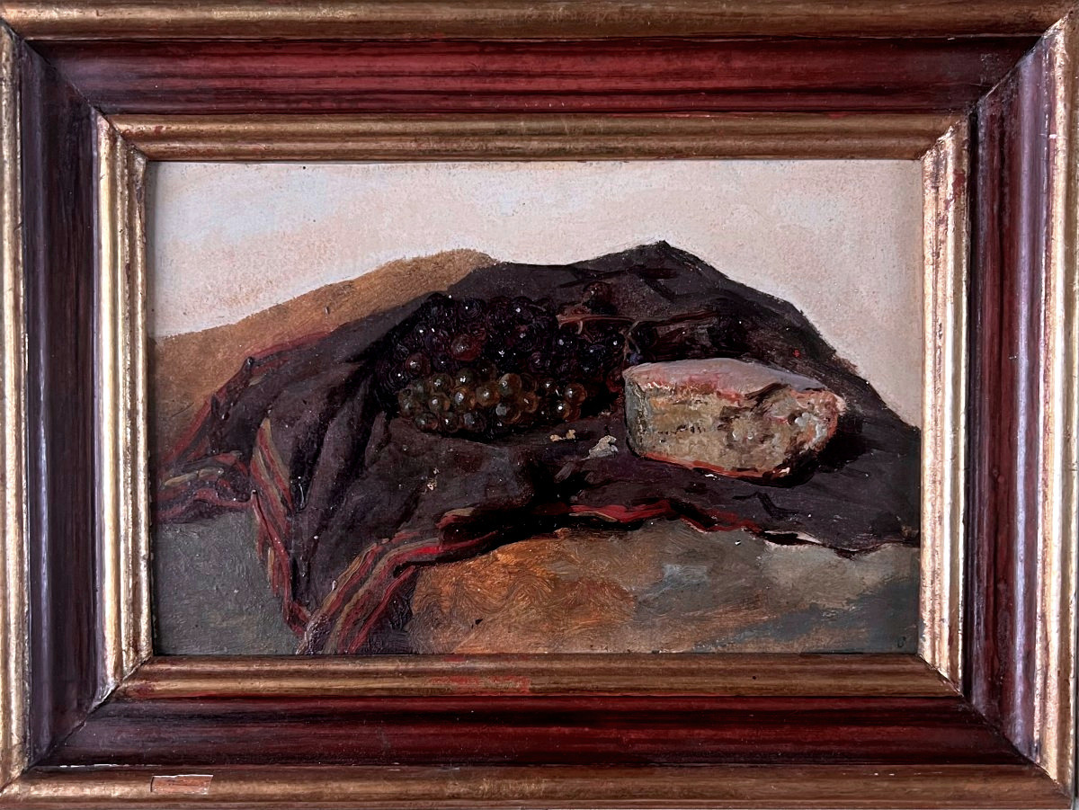 19th-century Italian School, Still Life With Bread And Grapes, Oil On Cardboard 