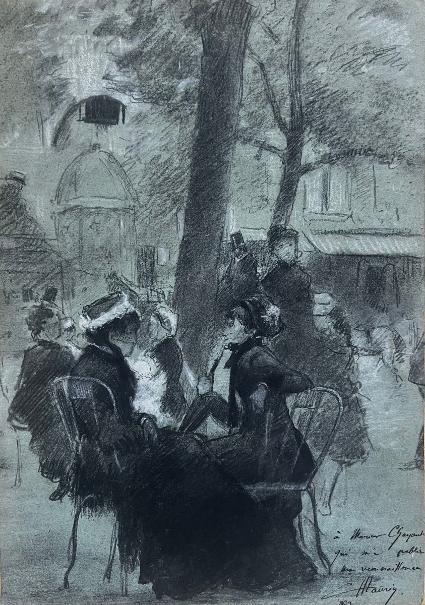 Charles Maurin (1856–1914) *les Grands Boulevards*, Drawing On Blue/gray Paper, Signed And Dated 1887-photo-2