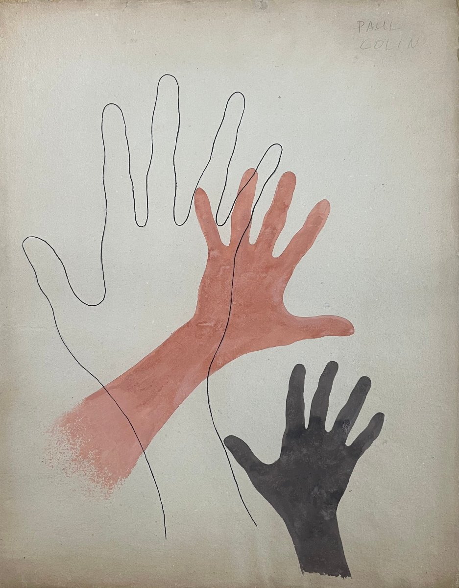 Paul COLIN (1892-1985) Etude de Mains, Projet d'affiche, Dessin, Encre et Aquarelle, Signé-photo-3