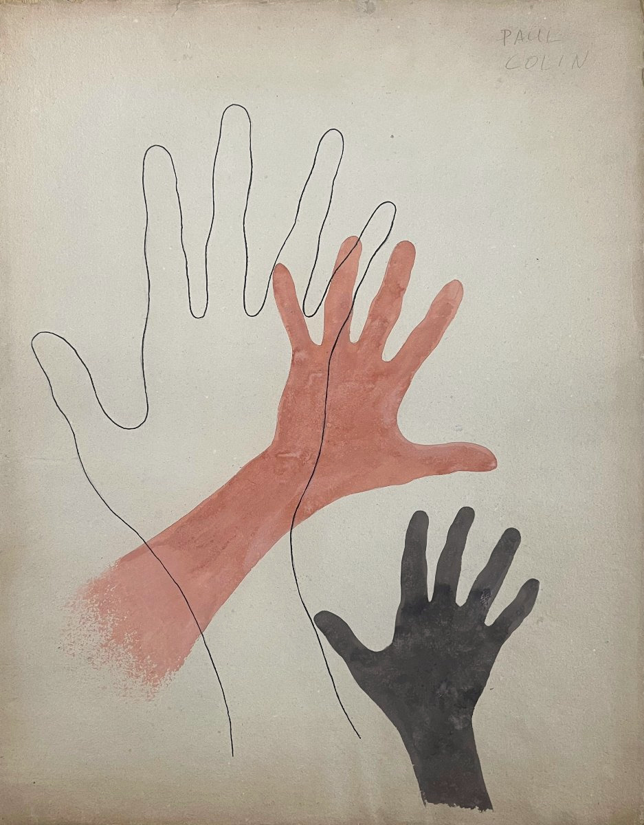 Paul Colin (1892–1985) Study Of Hands, Poster Design, Ink And Watercolor, Signed-photo-3