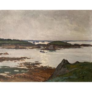 Lucien SEEVAGEN (1887-1959), Vue du Kerpont à Bréhat, Marine à l'huile sur toile cartonnée