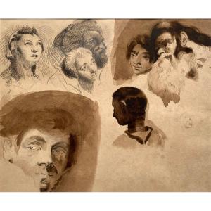 Alexandre-Marie COLIN (1798-1875) Attribué à, Diverses études de têtes, Delacroix, Dessin Mine De Plomb Lavis 