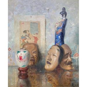 Roger-françois Picquefeu (1864-1956), Japonist Still Life With Noh Masks, Oil On Canvas