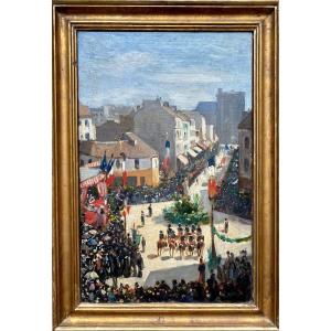 Paul-Victor MATHEY (1844-1929),  La Fête du 14 juillet à Ault, Huile sur toile . Impressionisme