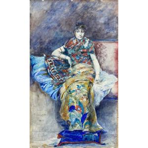 Henri Courselles-dumont, Woman Seated On A Divan, Symbolist Watercolor, Dated 1884.
