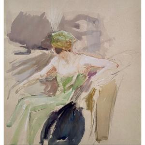 Henri Royer (1869-1938) Study Of Seated Woman, Watercolor, Gouache Charcoal