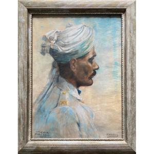 Willem DELSAUX (1862-1945)  Portrait d'Un Soldat Indien , Signé Et Daté 1918, Grand Pastel
