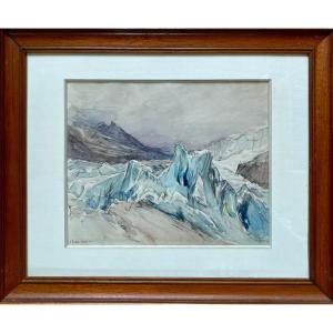 Georges Ricard CORDINGLEY, Etude De Glacier Alpin, Aquarelle, Ancienne Collection Pierre Miquel