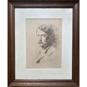 Emile Wauters (1846-1933) Self-portrait, Black Pencil Drawing, Signed