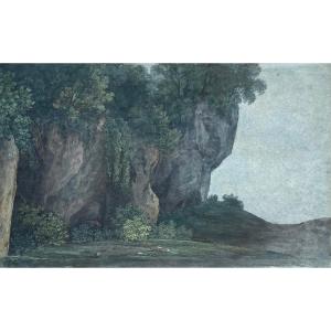 PETER BIRMANN (1758-1844) Ecole Suisse, La Grotte de Vicovaro, Tivoli, Gouache sur papier bleu