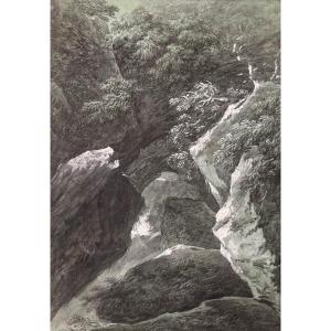 Michel MANDEVARE (1760-1829) Torrent en montagne, Pierre noir et gouache blanche 
