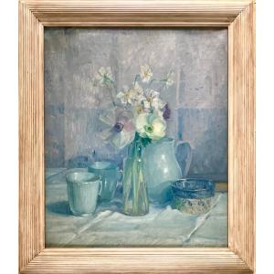Adolphe BOIGEGRAIN (1870 - 1957)  Nature Morte aux Pensées , Huile sur toile , Signée vers 1900