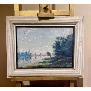 Pointillist School, Circa 1900, Banks Of The Seine, Oil On Cardboard, Unsigned, Degas Frame 