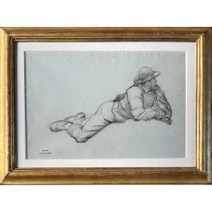 François Alfred DELOBBE (1835-1920) Etude d'un Paysan Breton, Dessin sur papier bleu-gris
