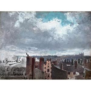 Alexandre-françois Bonnardel (1867-1942) View Of The Rooftops Of Lyon, Oil On Panel, Signed