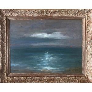 Gustave-Henri COLIN (1828-1910) Phare de Biartiz au Clair de Lune, Huile sur panneau, Signé