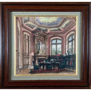 Auguste Tronquois (1829–1884) Interior Of A Mansion, Watercolor And Gouache, Signed, 1875