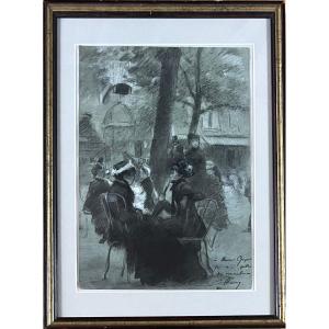 Charles Maurin (1856–1914) *les Grands Boulevards*, Drawing On Blue/gray Paper, Signed And Dated 1887