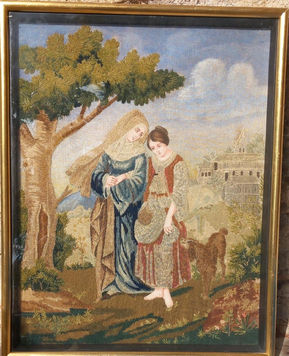 19th Century Embroidery Painting - Allegory Of Saint Anne Teaching The Virgin Mary.