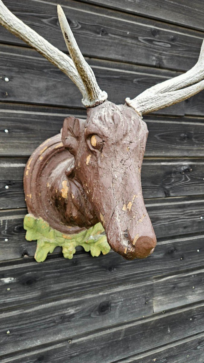 Tête De Cerf En Bois Sculpté Avec Bois Véritable-photo-4