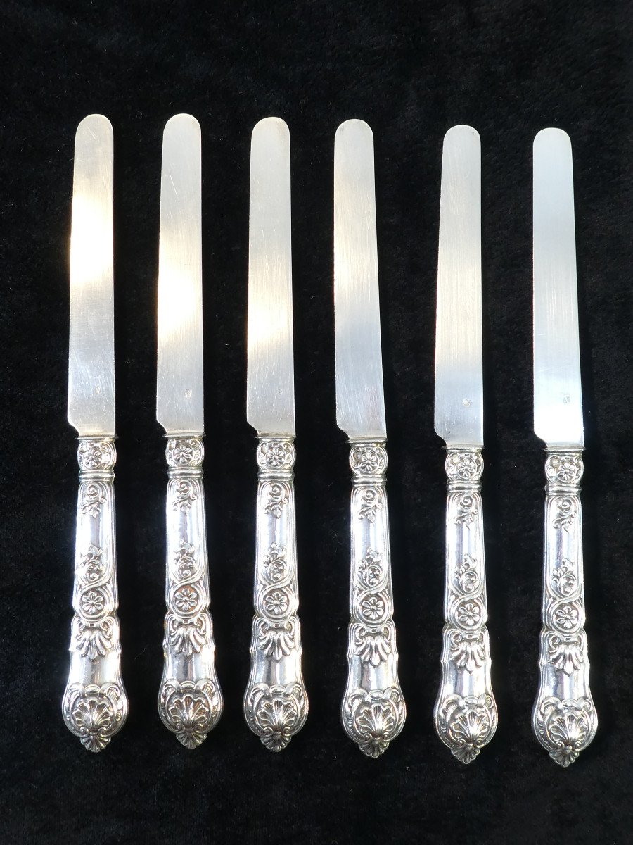6 Dessert Knives Blade And Handle In Solid Silver-photo-2