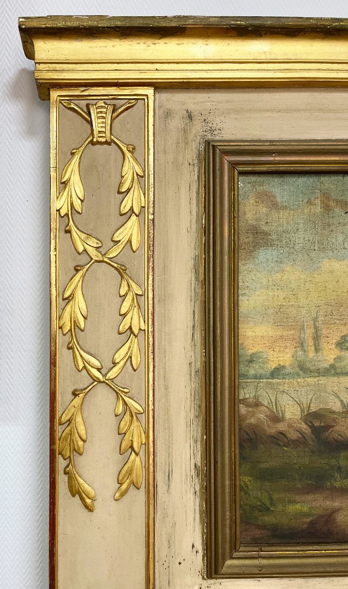 Large Trumeau Mirror Painted And Gilded With Leaf From The 19th Century Putti Canvas-photo-1