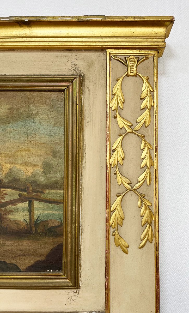 Large Trumeau Mirror Painted And Gilded With Leaf From The 19th Century Putti Canvas-photo-2