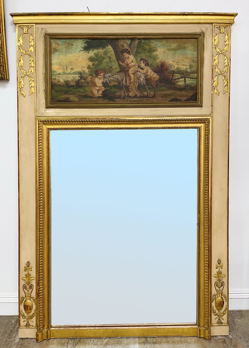 Large Trumeau Mirror Painted And Gilded With Leaf From The 19th Century Putti Canvas