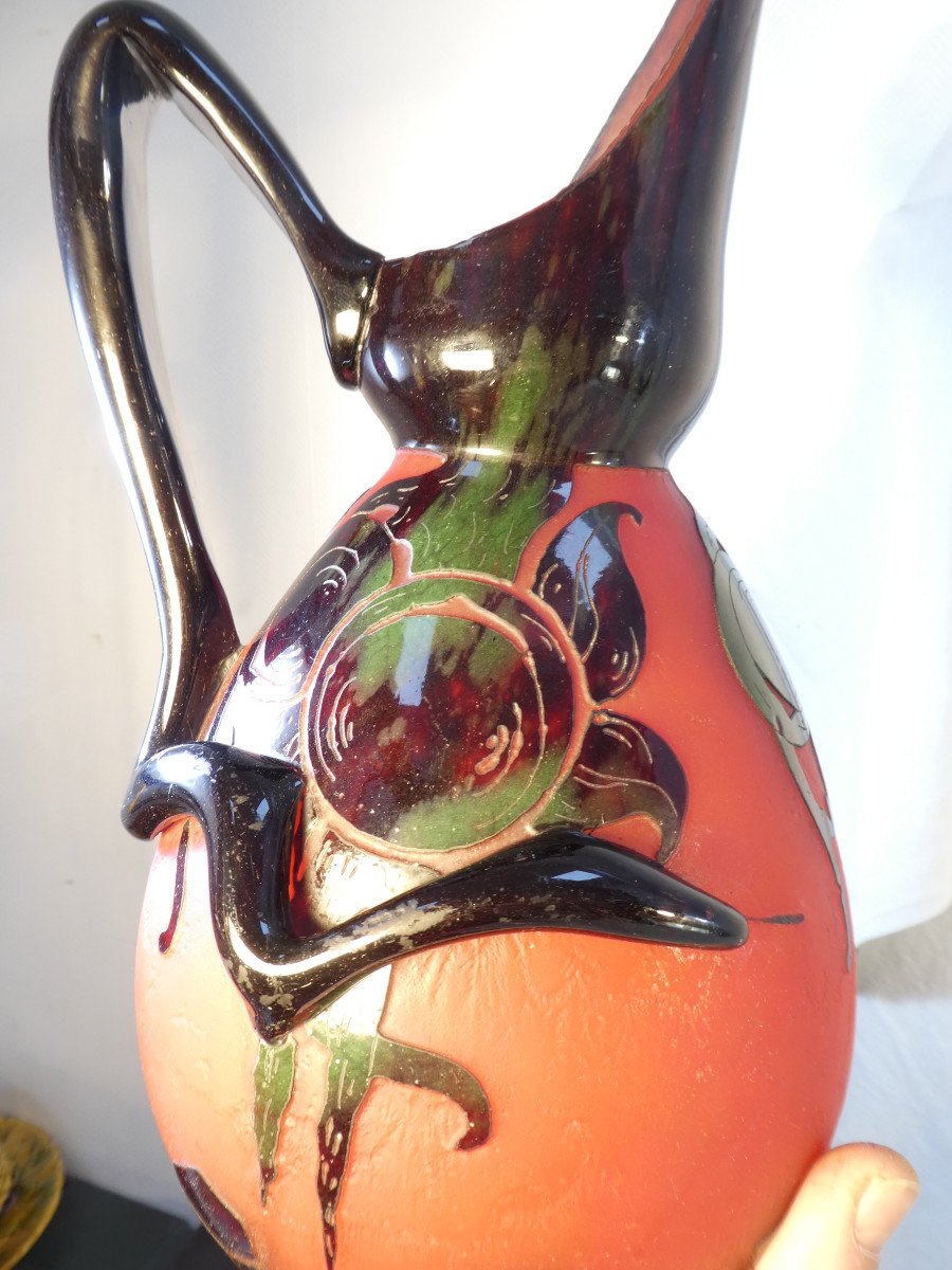 Large Art Deco Pitcher Signed Le Verre Francais For Schneider-photo-8