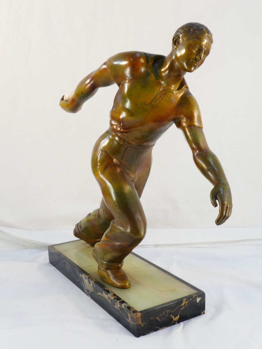 Statue In Spelter Marble And Onyx Base The Petanque Player