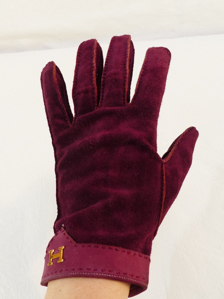 Paire de gants HERMES PARIS made in france en velour-photo-4